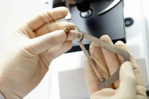 Dentist's hand measuring a gold tooth model