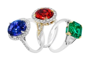 rhodium plated white gold rings bands with diamonds and gemstones, emerald ruby, and sapphire