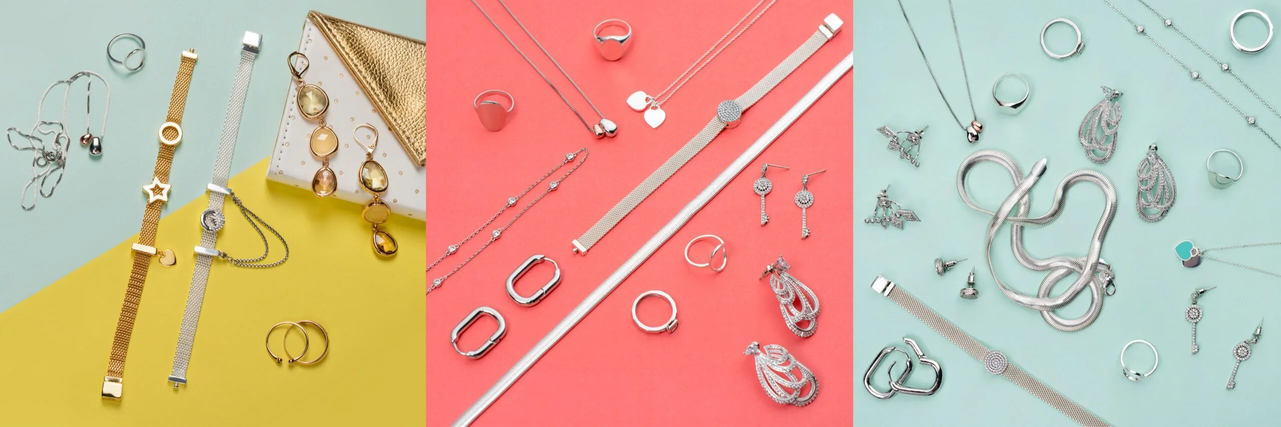 Silver and white gold jewelry on minimal colorful background. Rings, bracelets and earrings.
