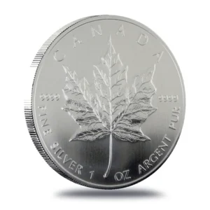 The observe side of a Canadian Silver Maple Leaf bullion coin