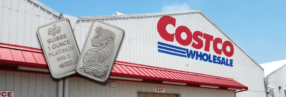 The front and back sides of a Costco platinum bullion bar with a Costco storefront in the background