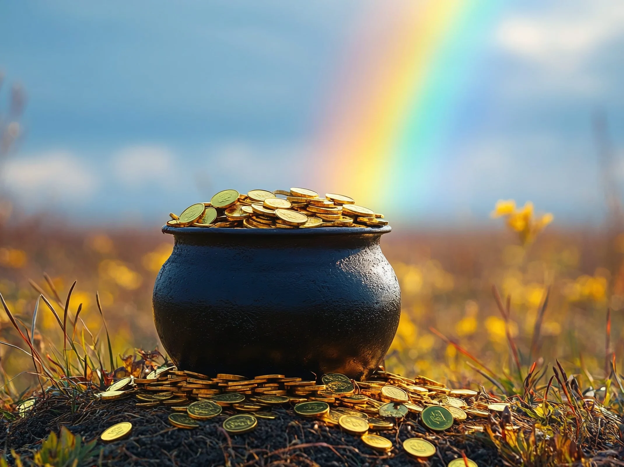 Black pot with gold coins and rainbow on green meadow